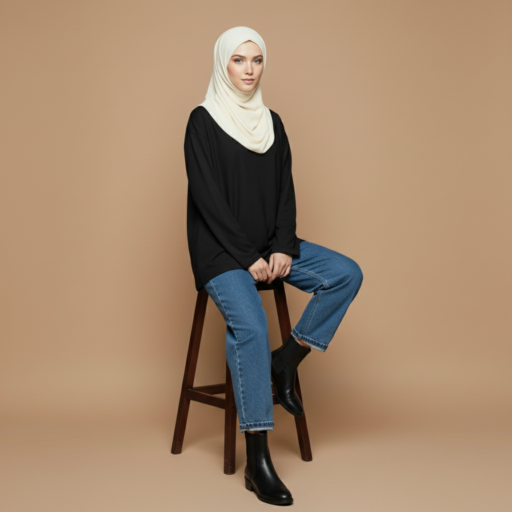 Oversized long sleeve cotton t-shirt in black worn by a seated hijabi model on a stool, showing a relaxed loose silhouette, soft crew neckline, dropped shoulders, straight hemline, and full-length sleeves