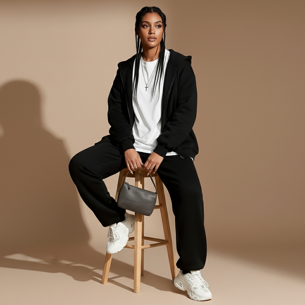 Hoodie and jogger set in black worn by a seated model facing front, showing an oversized hooded sweatshirt, relaxed drape through the torso, wide-leg joggers with full-length coverage, elastic waistband, and trainers visible while seated on a stool