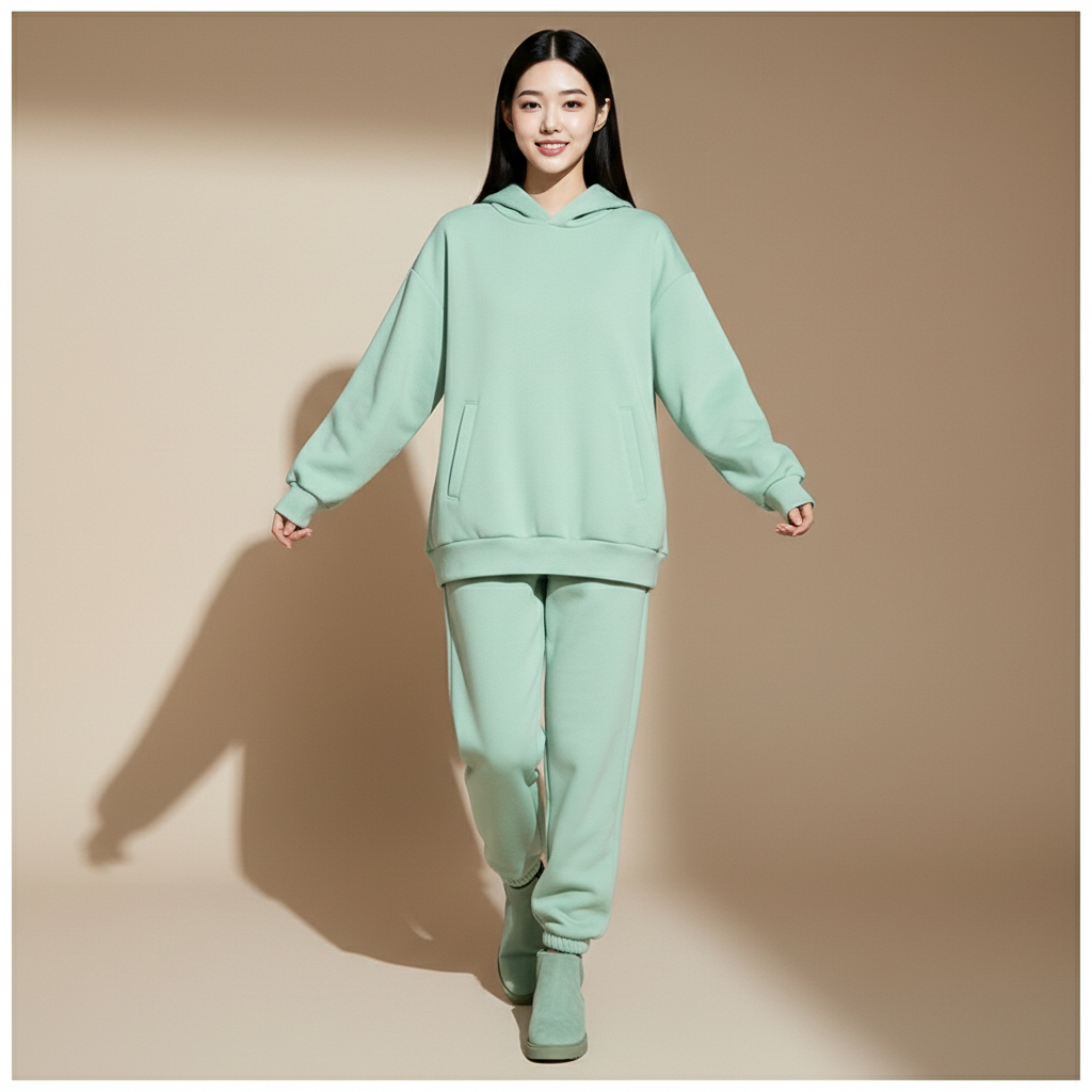 Wide leg tracksuit set in mint green worn by a standing model facing front, showing an oversized hoodie with hood, wide sleeves, ribbed hem, matching full-length joggers with elastic waistband and ankle cuffs, relaxed straight leg fit, and soft pastel tone