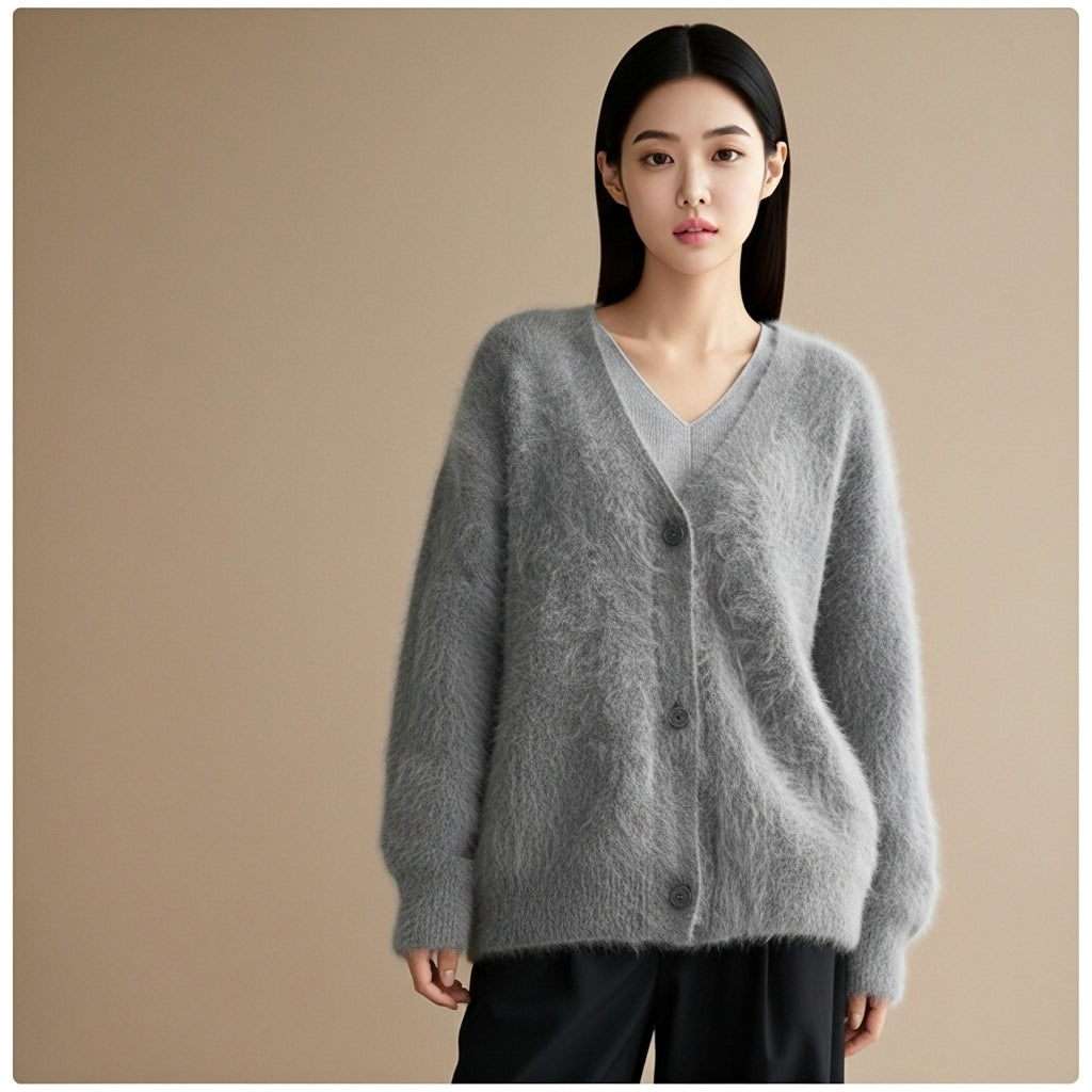 Oversized fluffy knit cardigan in grey worn by a standing model, showing a relaxed fit, fuzzy texture, v-neckline, and front button closure