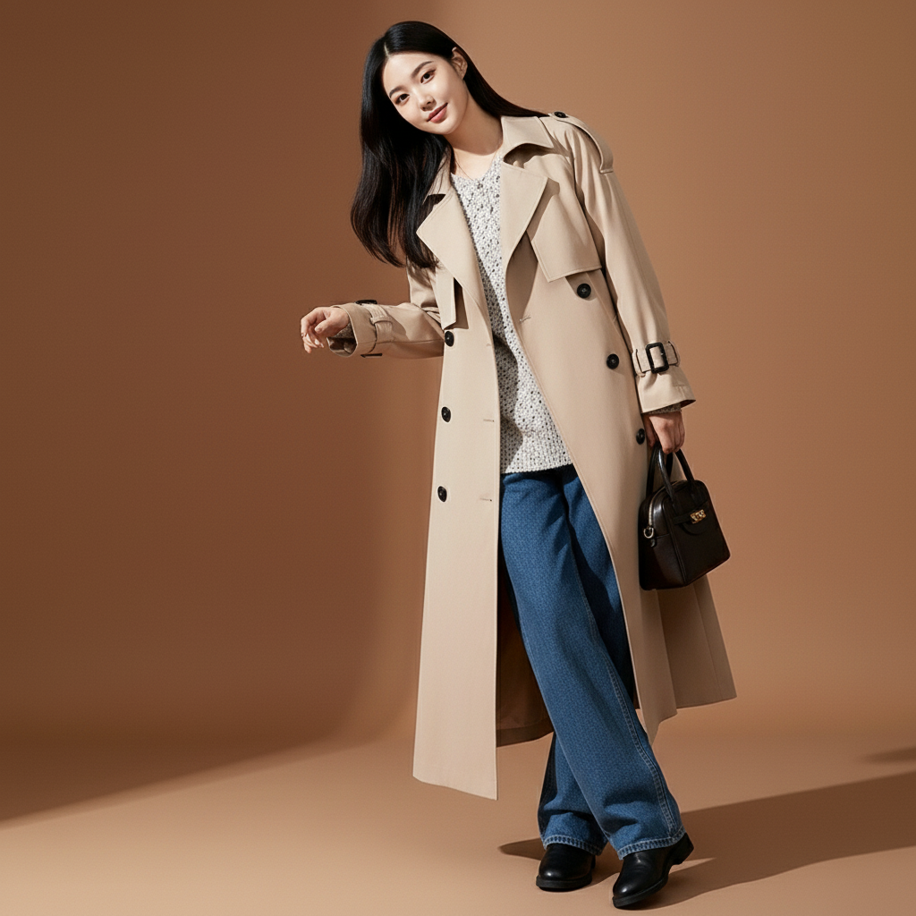 Longline trench coat in khaki worn by a standing model angled slightly forward, showing a double-breasted button layout, structured lapels, storm flap construction, long sleeves with adjustable straps, full-length drape, and hem falling evenly below the knees
