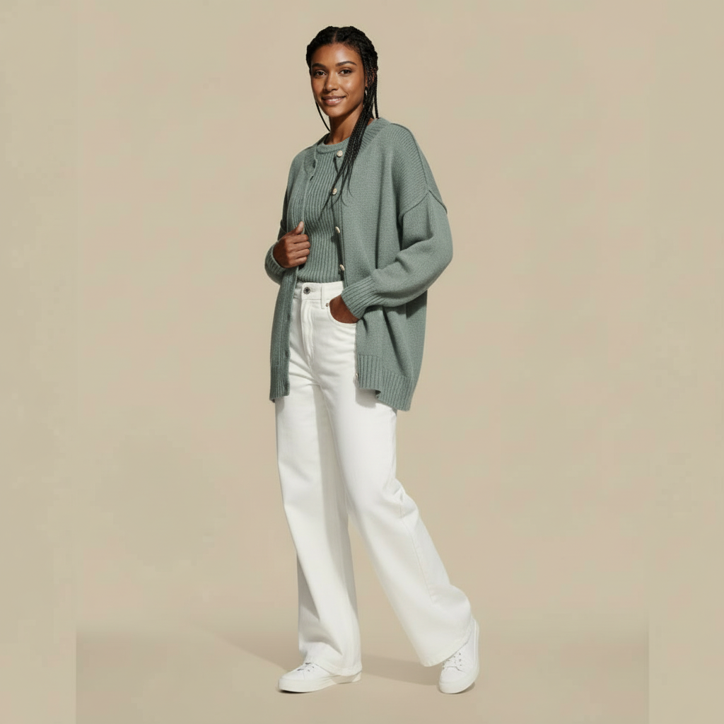 Oversized knit cardigan in muted green worn by a standing model, showing a relaxed silhouette, wide sleeves, and open-front styling