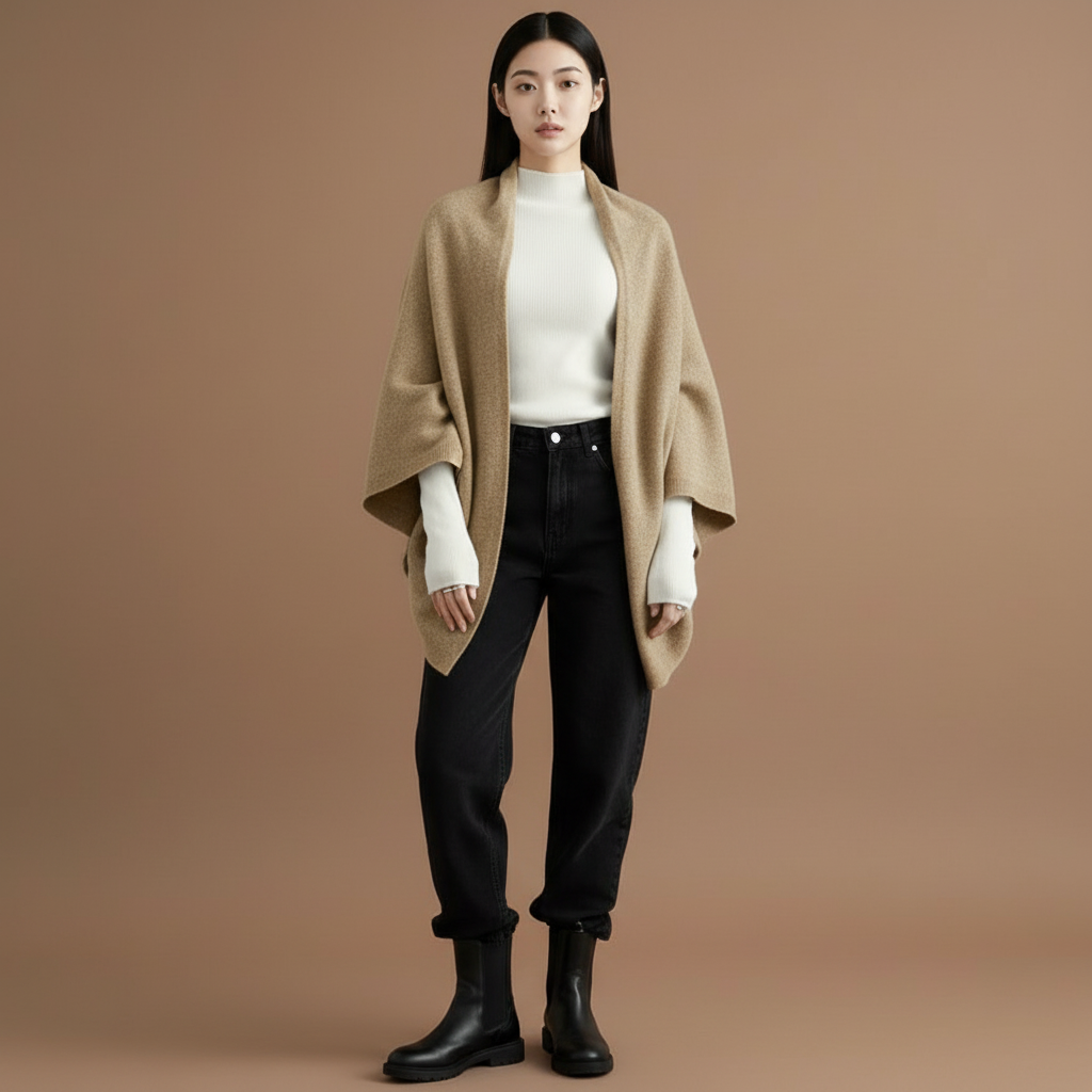 Knitted shawl cardigan in warm beige worn by a standing model, showing a loose wrap silhouette, wide sleeves, and soft folded edges