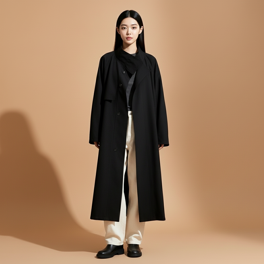 Longline trench coat in black worn by a standing model facing front, showing a belted waist, single-breasted closure, stand collar, straight longline silhouette, full-length sleeves, and hem resting below the calves