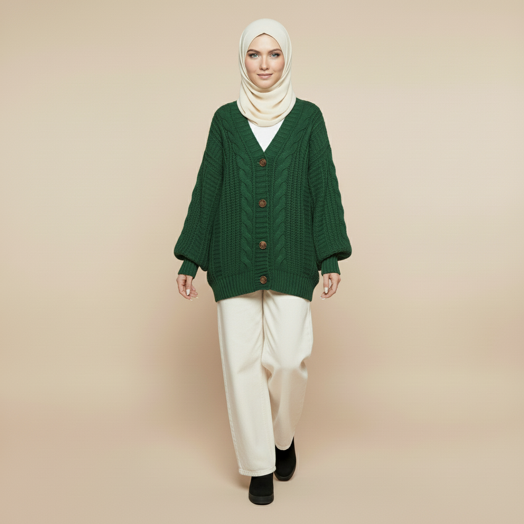 Cable knit cardigan in forest green worn by a standing model, showing an oversized fit, cable knit texture, and buttoned closure