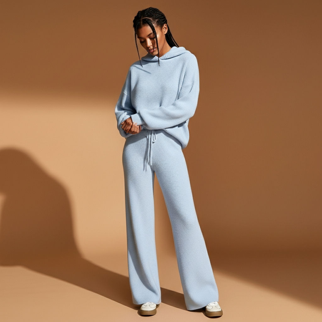 Wide leg tracksuit set in light blue worn by a standing model angled slightly downward, showing a ribbed hoodie with loose fit, long sleeves, drawstring joggers with wide straight legs, visible ribbed texture, full-length legs, and hem resting over trainers