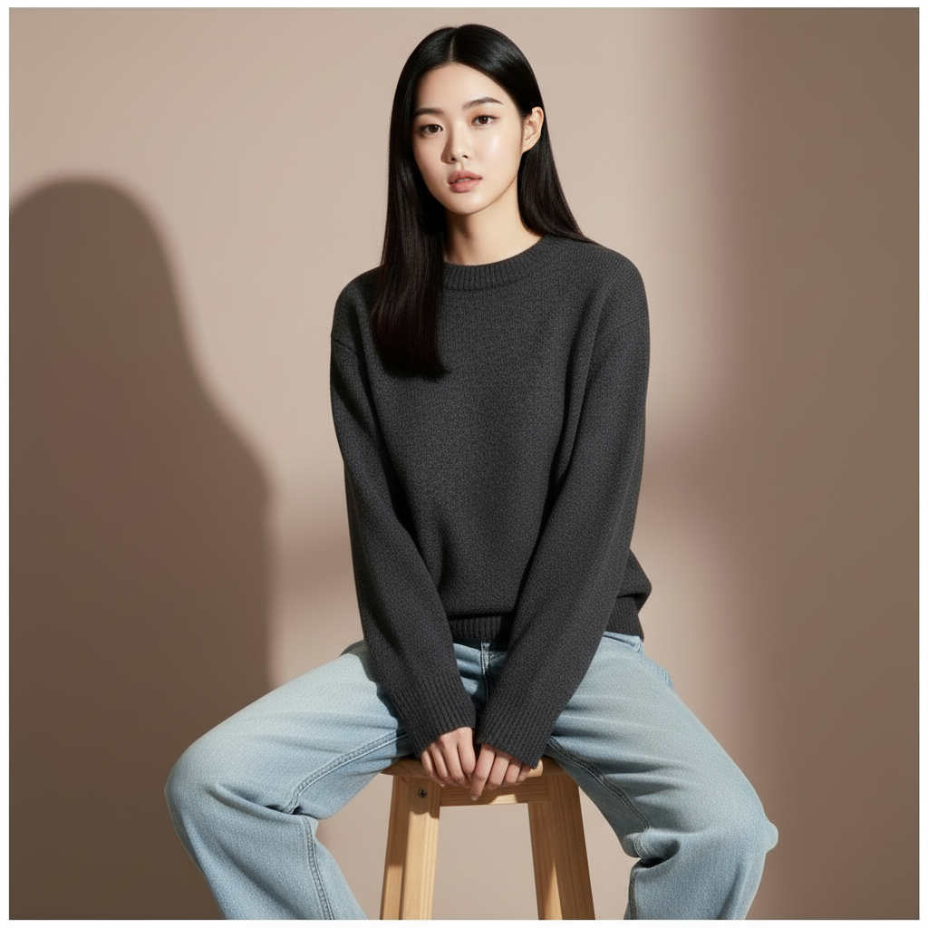 Oversized crewneck jumper in black Grey worn by a seated model, showing a loose silhouette, long sleeves, and ribbed hem