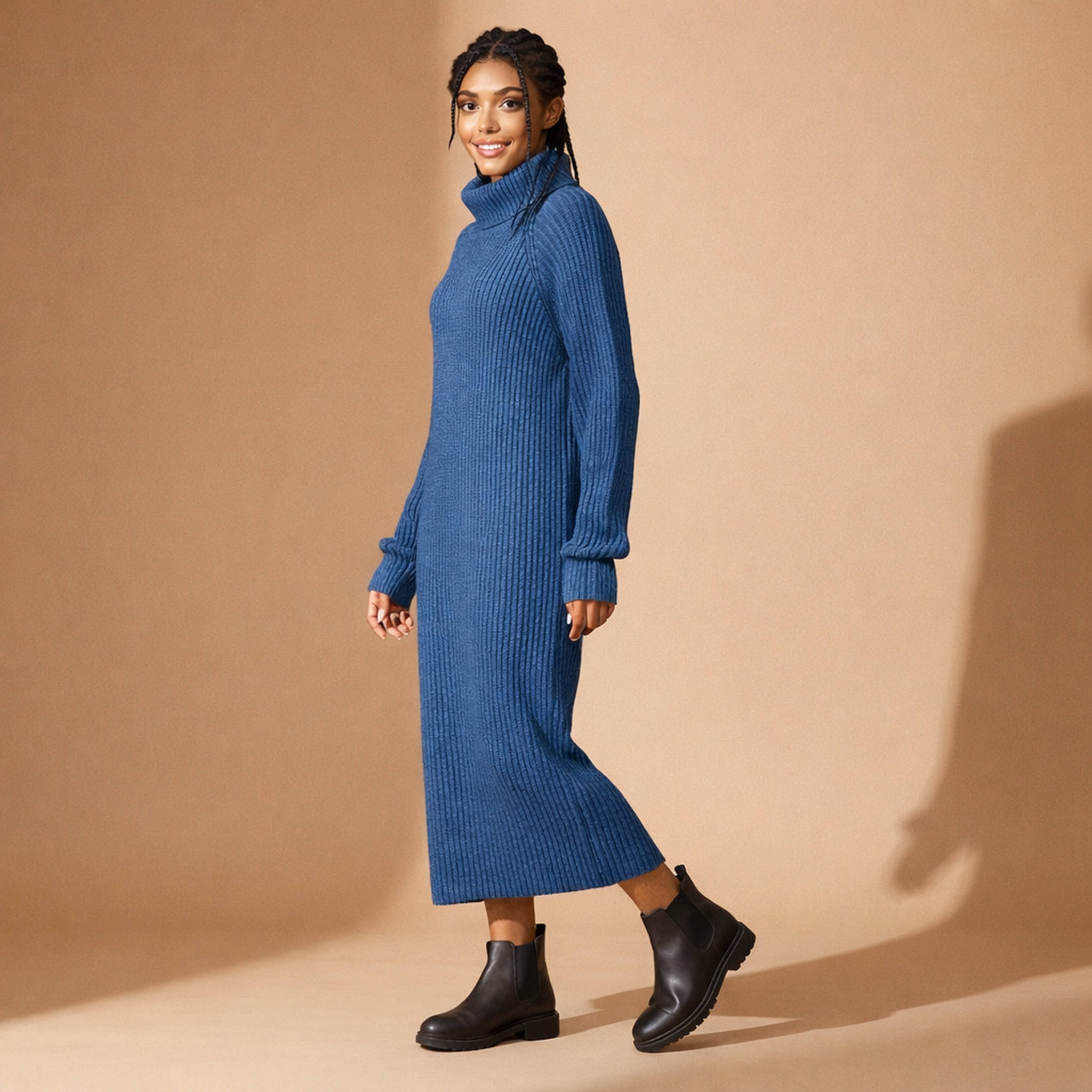 Ribbed turtleneck knit dress in blue worn by a standing model angled slightly to the side, showing pronounced ribbed texture, fold-over turtleneck neckline, long sleeves, elongated modest silhouette, mid-calf length, and structured knit finish
