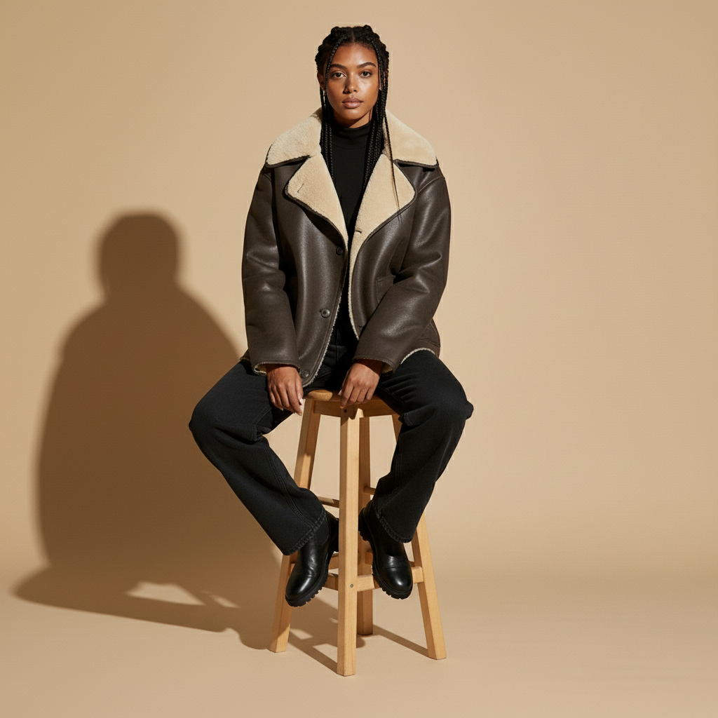 Faux shearling jacket in brown worn by a seated model facing forward, showing a boxy oversized cut, wide shearling collar, buttoned front, long sleeves, and smooth drape