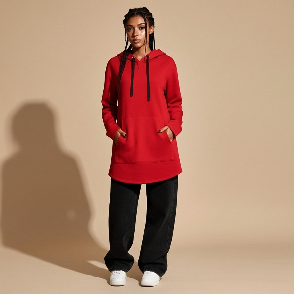 Longline hoodie in red worn by a standing model, showing a loose silhouette, extended length, drawstring hood, long sleeves, and front kangaroo pocket