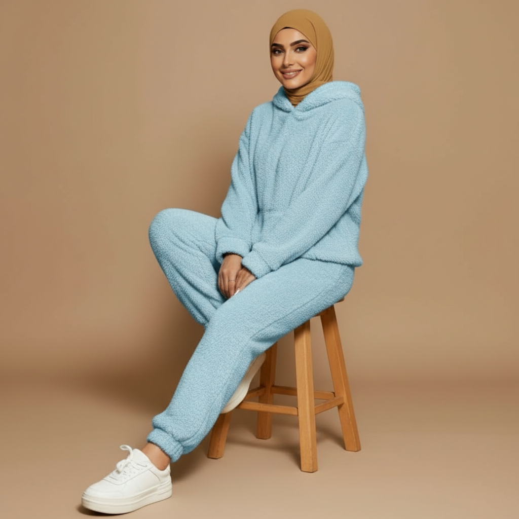 Co-ord loungewear set in light blue worn by a seated hijabi model angled slightly to the side, showing a fleece hoodie with relaxed hood, loose long sleeves, soft textured surface, matching joggers with elasticated cuffs, full-length legs, and natural drape over trainers