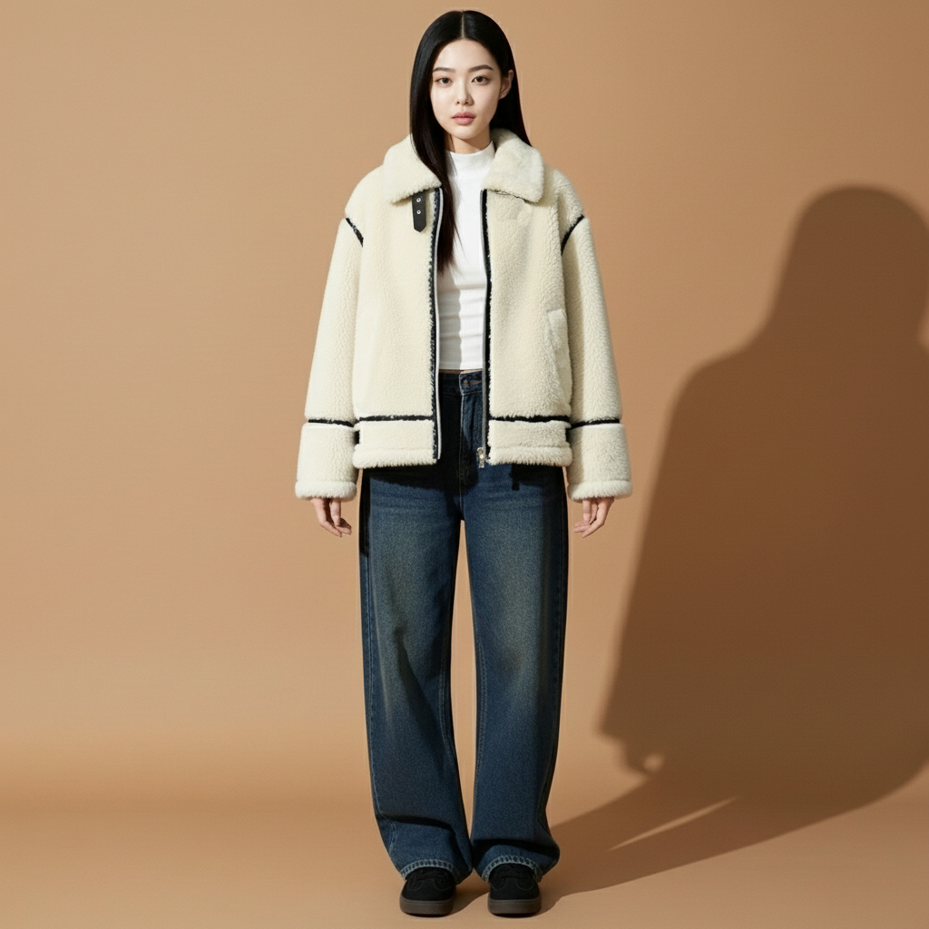 Sherpa fleece jacket in white worn by a standing model, showing an oversized silhouette, contrast black seam detailing, zip-up front, long sleeves, and straight hem
