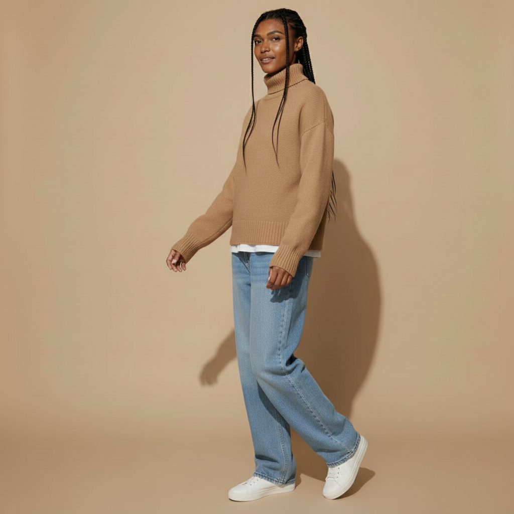 Roll neck oversized jumper in Brown worn by a standing model, showing the oversized shape with ribbed cuffs and roll neckline