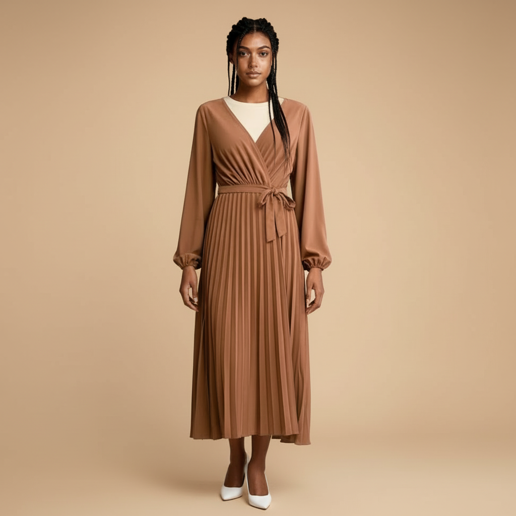 Pleated V-neck maxi dress in camel brown worn by a standing model facing front, showing a wrap-style V neckline layered over a high inner top, long sleeves with gathered cuffs, self-tie waist belt, finely pleated skirt, and mid-calf to ankle-length hem