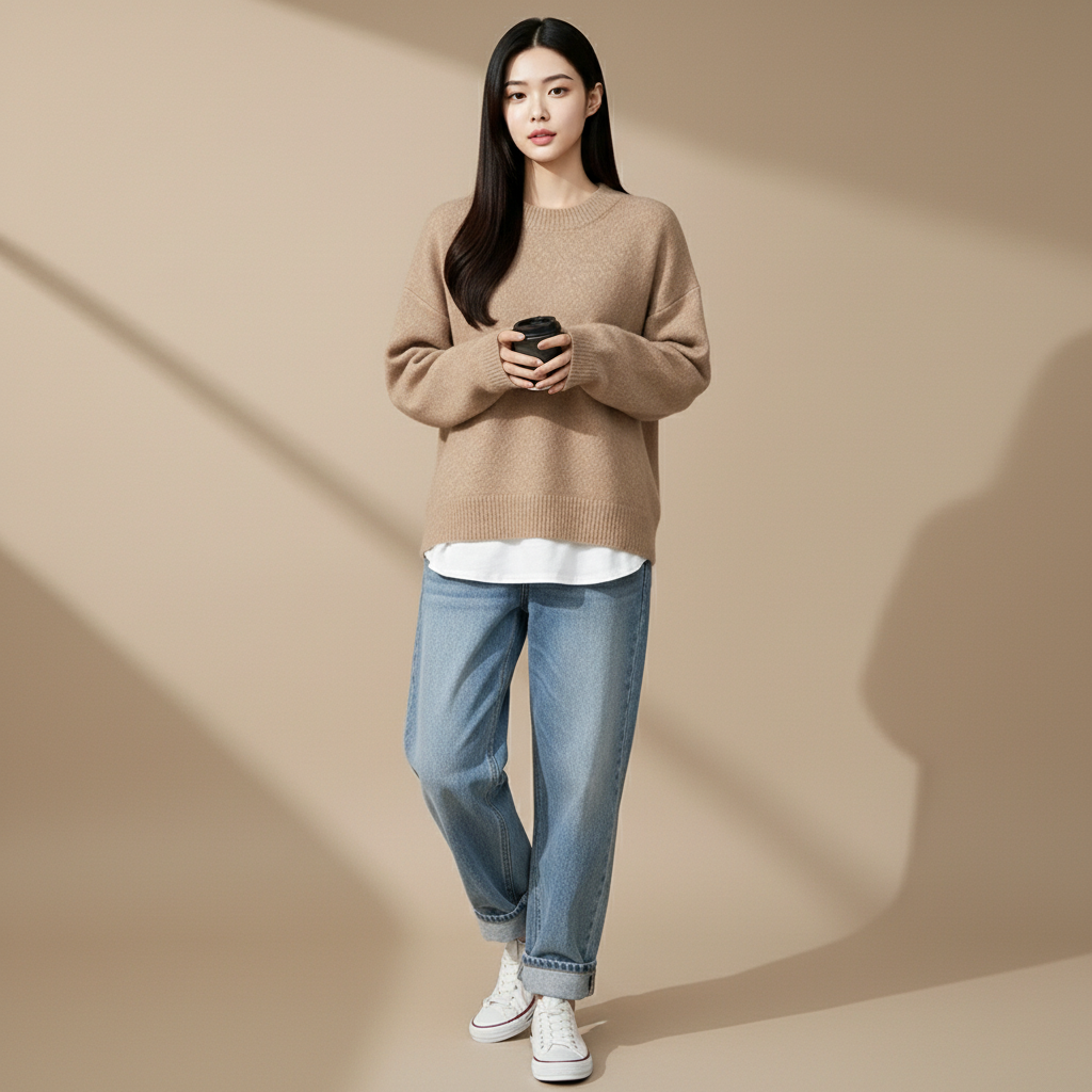 Oversized fluffy jumper in brown worn by a seated model, showing a relaxed loose fit with long sleeves