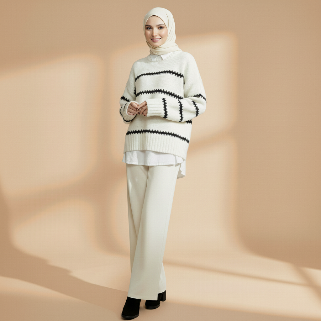 Striped crewneck jumper in white worn by a standing  model on a stool, showing horizontal black stripes, relaxed silhouette, and ribbed hem