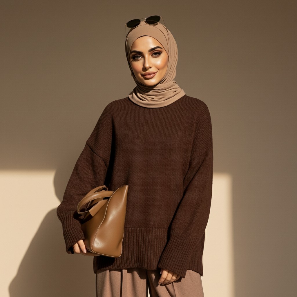 Crewneck jumper in brown worn by a standing hijabi model, showing a loose fit, long sleeves, and crew neckline