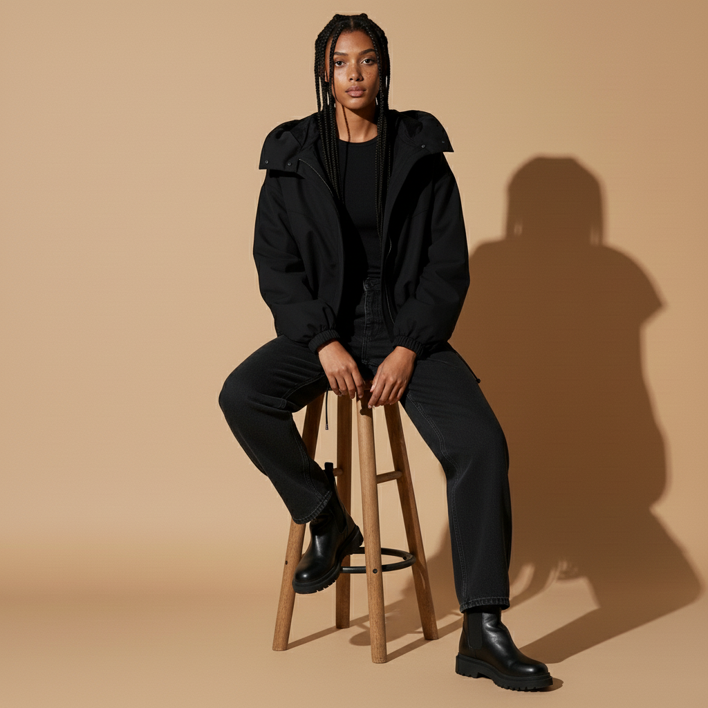 Short padded jacket in black worn by a seated model, showing a cropped silhouette, oversized hood, padded construction, long sleeves, and elasticated cuffs