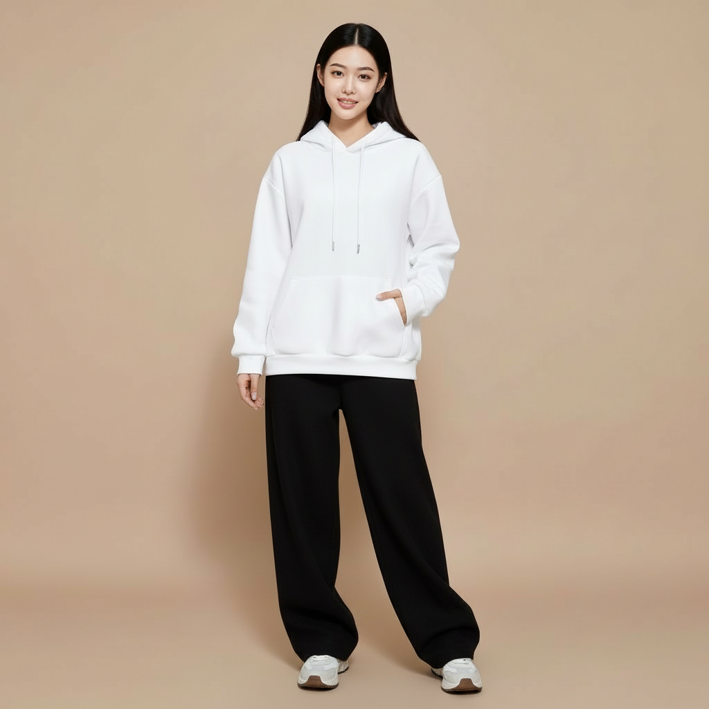 Loose fit hoodie in white worn by a standing model, showing an oversized shape, long sleeves, front hood, drawstring detail, and kangaroo pocket