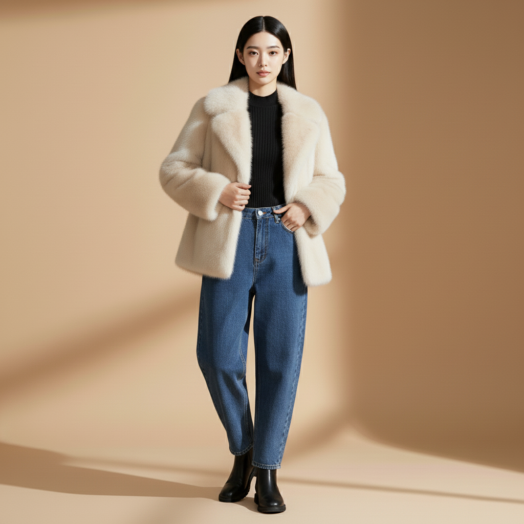 Faux fur jacket in white worn by a standing model, showing an oversized silhouette, wide notched collar, plush gradient pile, long sleeves, and straight hem