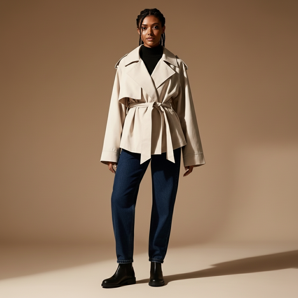 Short trench jacket in light beige or tan worn by a standing model, showing a wrap silhouette, wide notched lapels, self-tie belt at the waist, long sleeves, and hip-length hem