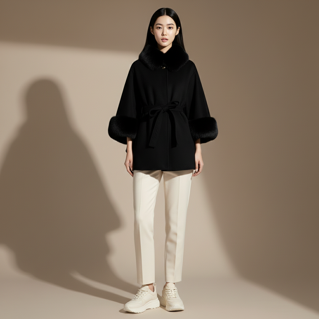 Cape coat with belt in black worn by a standing model, showing a loose cape silhouette, faux fur collar, faux fur cuff trim, tie waist belt, and straight hem