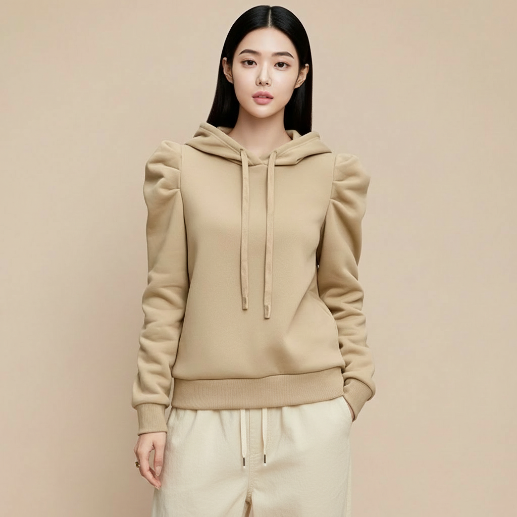 Loose fit hoodie in beige worn by a standing model, showing a loose drape, structured shoulder shaping, drawstring hood, long sleeves, and ribbed cuffs