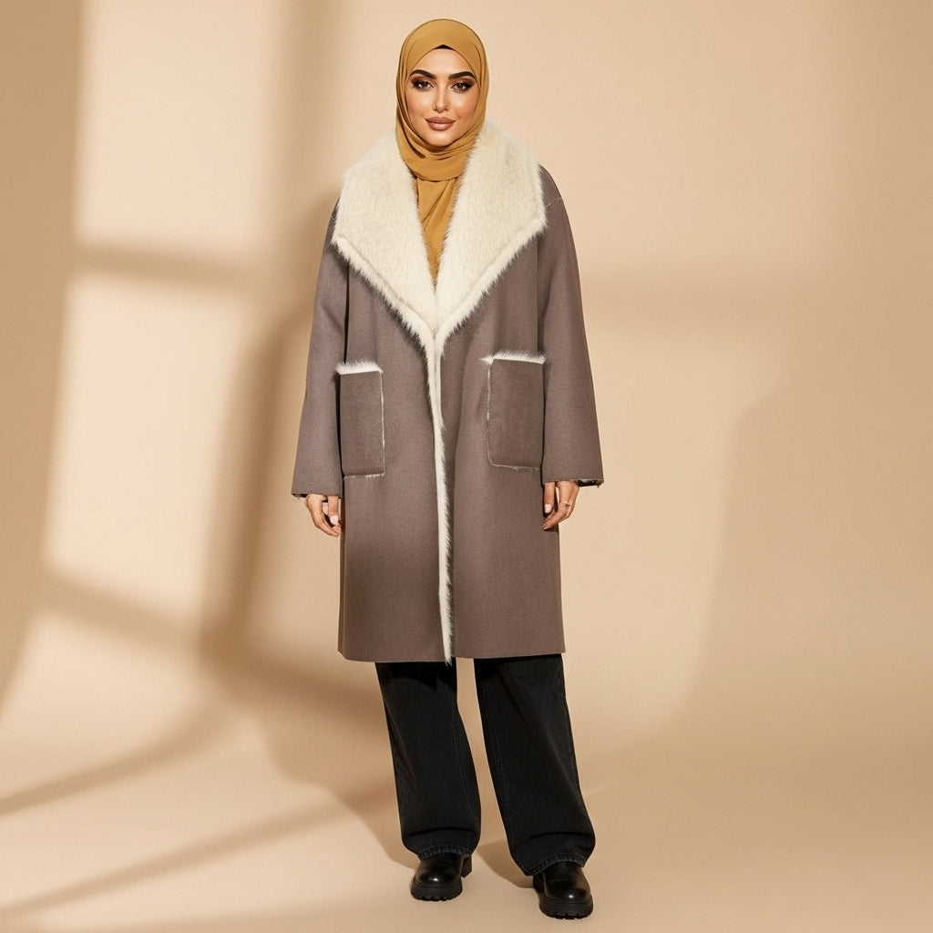 Faux shearling coat in taupe brown worn by a standing hijabi model facing front, showing a longline straight silhouette, wide cream faux shearling collar and trim, open front edge, large front patch pockets, full-length sleeves, and hem falling below the knee