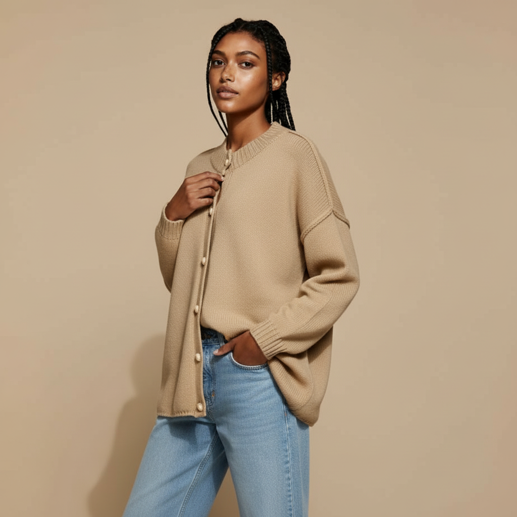 Oversized knit cardigan in khaki worn by a standing model, showing a loose fit, wide sleeves, and front button closure