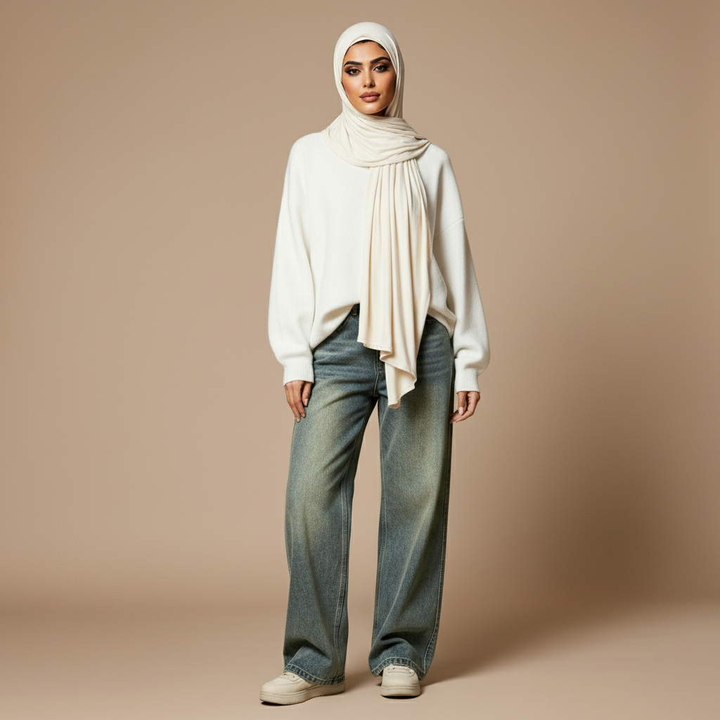 Vintage wash wide leg jeans in faded blue worn by a seated hijabi model facing front, showing a high waist, relaxed wide-leg cut, full-length hem pooling slightly at the ankles, classic five-pocket design, and soft washed denim finish