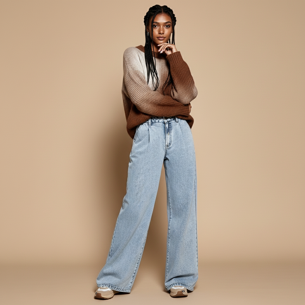 Wide leg jeans in light blue worn by a standing model facing front, showing a high waist, loose straight wide leg silhouette, classic five-pocket design, vintage wash denim texture, full-length legs, and hem falling over footwear
