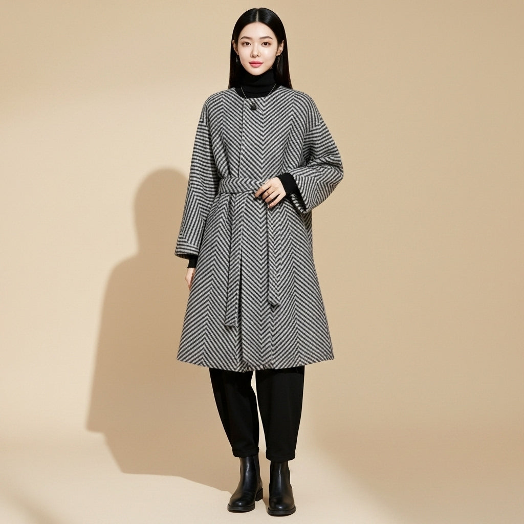 Herringbone flare coat in black and white worn by a standing model facing front, showing a belted waist, fit-and-flare silhouette, chevron herringbone pattern, wide long sleeves, knee-length hem, smooth structured fabric texture, and full front coverage