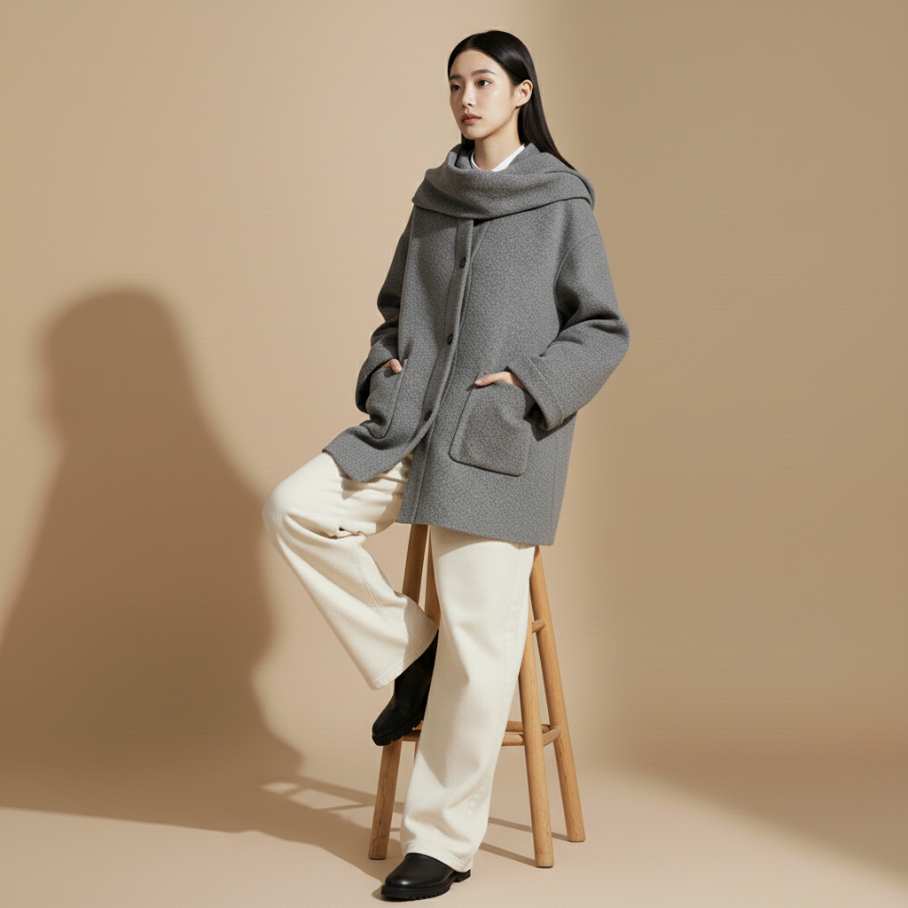 Bouclé coat in medium Grey worn by a standing model, showing a relaxed oversized fit, front button fastening, integrated scarf detail around the neckline, long sleeves, and straight hem