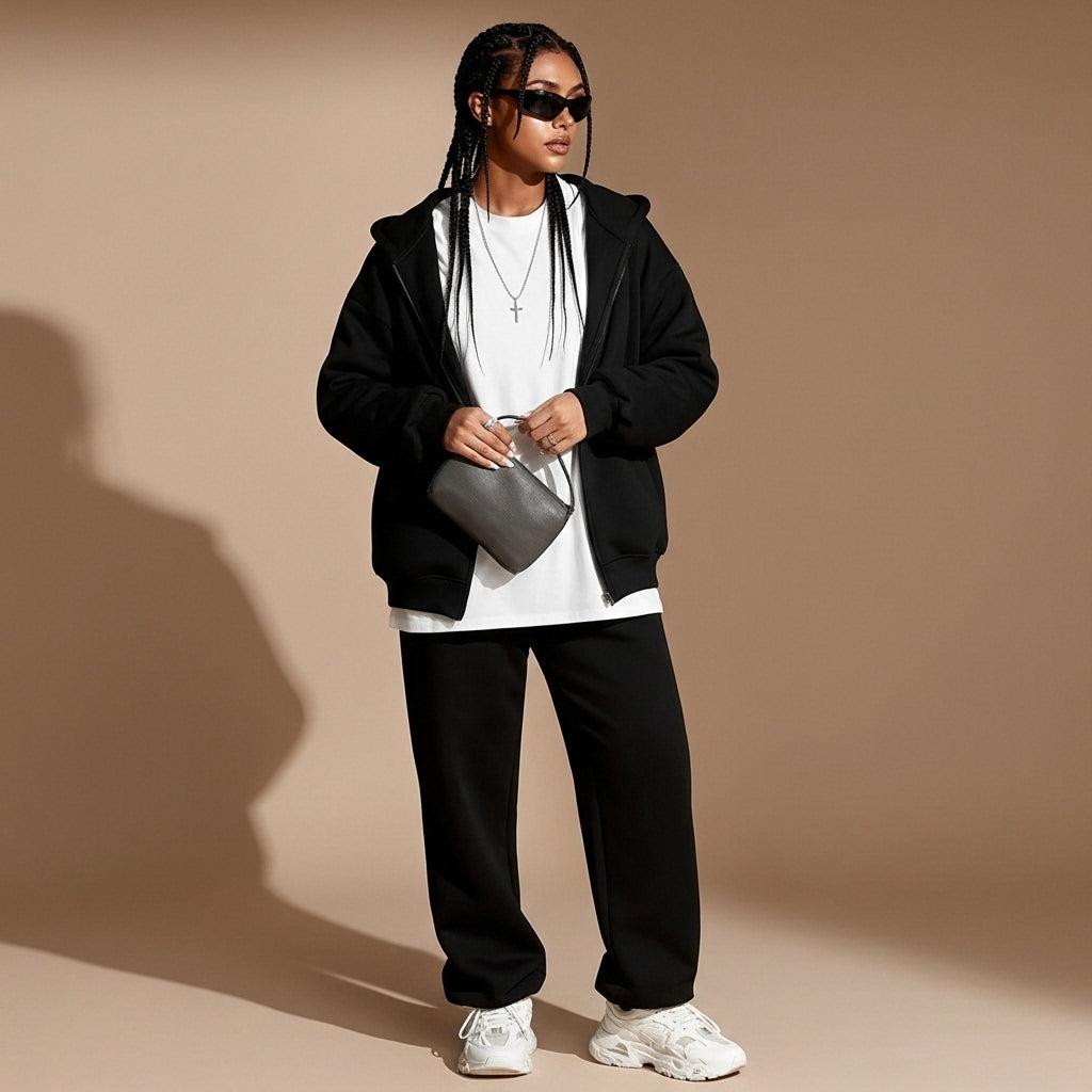Hoodie and jogger set in black worn by a standing model facing front, showing an oversized hooded sweatshirt with drop shoulders, relaxed long sleeves, wide-leg jogger trousers, elastic waistband, full-length legs, and trainers visible at the hem