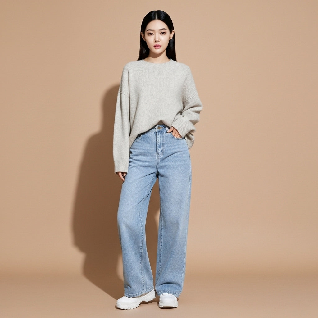Wide leg jeans in light blue worn by a standing model facing front, showing a high waist, relaxed wide leg shape, even light blue wash, straight leg drape from hip to hem, full-length legs, and clean hem finish