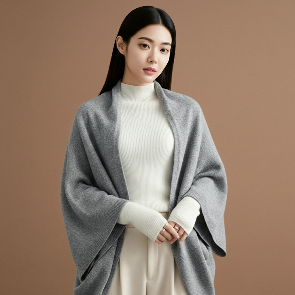 Knitted shawl cardigan in soft Grey worn by a standing model, showing fluid drape, wide shawl sleeves, and open-front styling