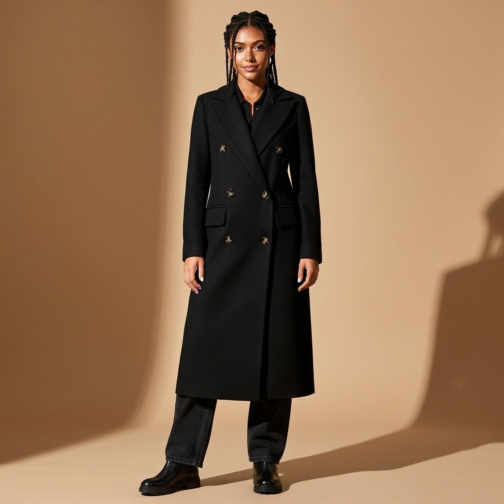 Long double breasted coat in black worn by a standing model facing front, showing a clean tailored cut, double breasted fastening, notch lapels, straight longline silhouette, smooth structured fabric, full-length sleeves, and hem reaching mid-calf