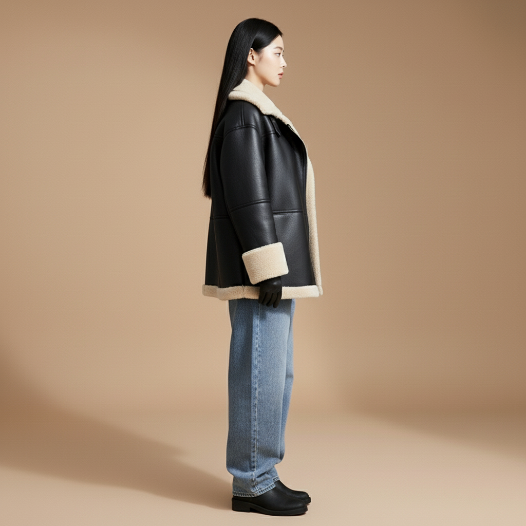 Faux shearling coat in black worn by a standing model facing front, showing an oversized fit, full zip closure, cream shearling lining, front patch pockets, long sleeves, and straight hem
