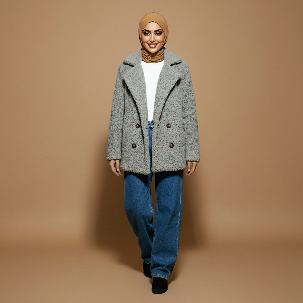 Teddy fleece jacket in light Grey worn by a standing model, showing a hip-length silhouette, double-breasted button front, wide lapel collar, long sleeves, and soft textured finish