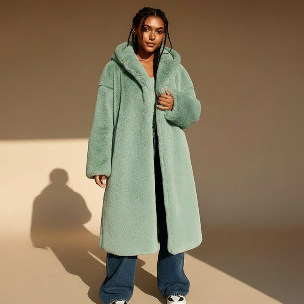 Long faux fur coat in muted green worn by a standing model facing front, showing a plush faux fur texture, oversized hood, relaxed longline silhouette, full-length sleeves, open front styling, and hem falling below the knee