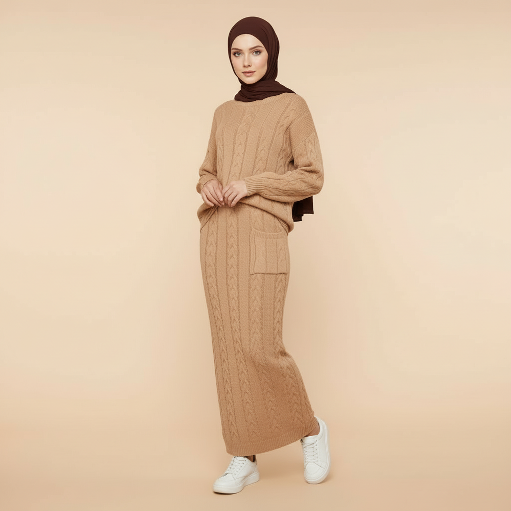 Knit skirt co-ord set in khaki worn by a standing model at three-quarter angle, showing a soft cable-knit top, straight maxi skirt, ribbed cuffs, side pocket, and full-length modest silhouette