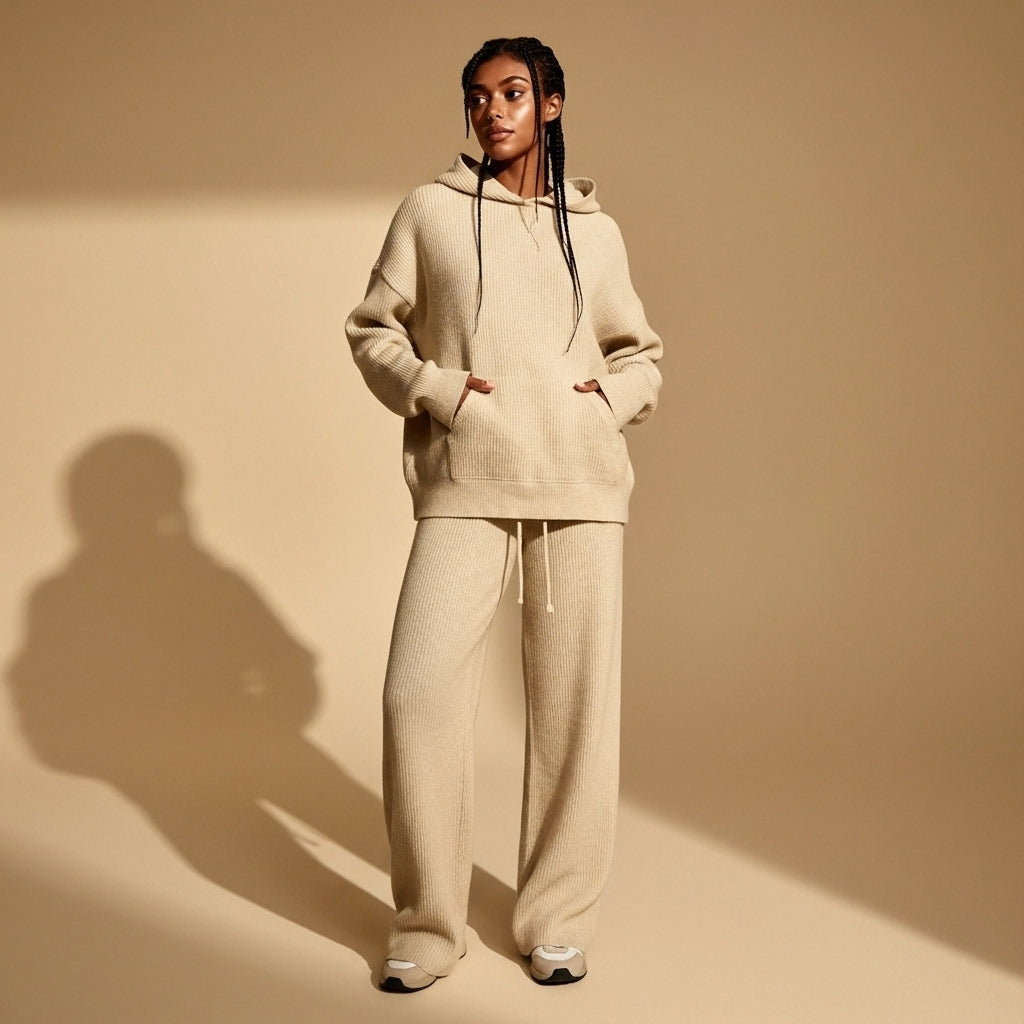 Wide leg tracksuit set in apricot beige worn by a standing model facing front, showing a ribbed hoodie with relaxed fit, dropped shoulders, kangaroo pocket, wide leg joggers with straight silhouette, drawstring waist, full-length legs, and hem resting over trainers