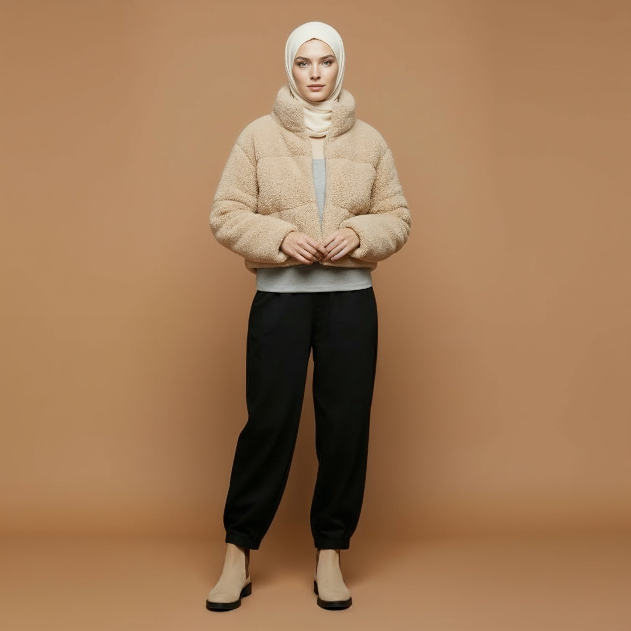 Sherpa fleece jacket in light beige worn by a standing model, showing a cropped silhouette, thick stand collar, plush teddy texture, long sleeves, and straight hem