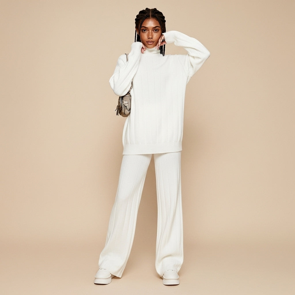 Ribbed co-ord set in ivory worn by a standing model facing front, showing a coordinated two-piece silhouette, ribbed knit surface, long-sleeve top with high neckline, wide-leg trousers, and straight hem finish