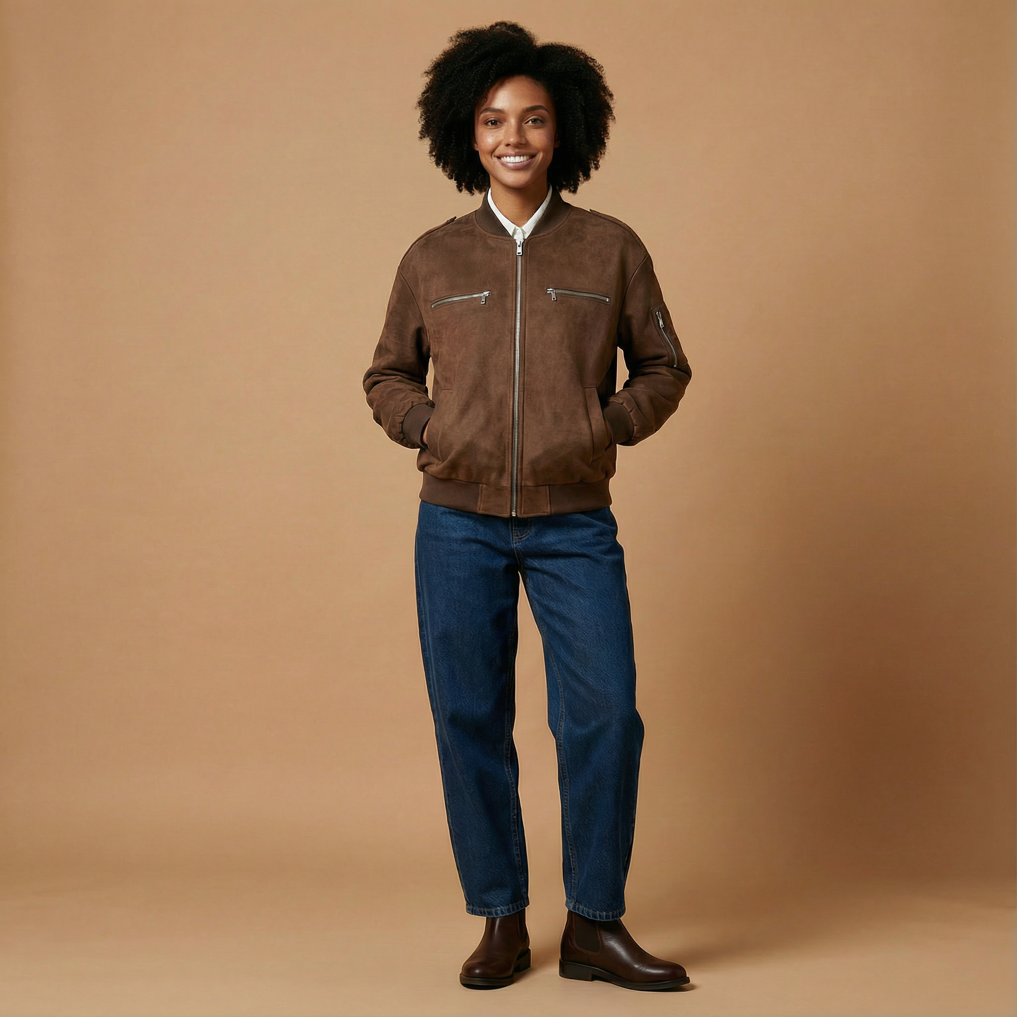 Faux leather bomber jacket in brown worn by a standing model facing front, showing a zip-up front, ribbed collar, ribbed cuffs, ribbed hem, two horizontal zip chest pockets, long sleeves, and a cropped bomber silhouette layered over a shirt and jeans