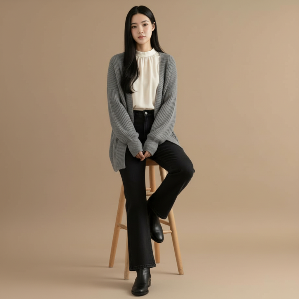 Oversized knit cardigan in grey worn by a standing model, showing a relaxed silhouette, wide sleeves, and open-front styling