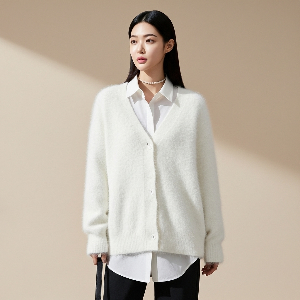 Oversized fluffy knit cardigan in white worn by a standing model, showing a relaxed fit, fuzzy texture, v-neckline, and front button closure