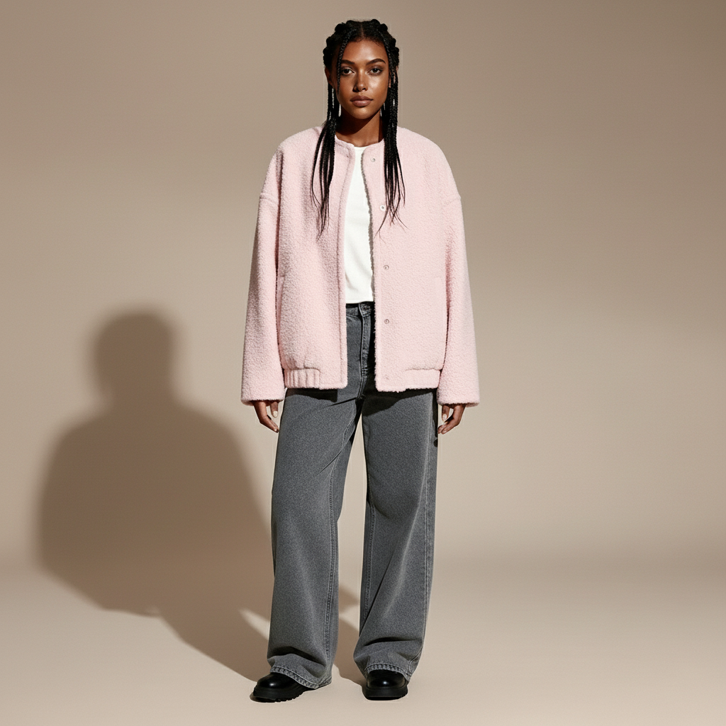 Boucle jacket in soft pink worn by a standing model, showing a boxy silhouette, round neckline, front button fastening, long loose sleeves, and straight hem