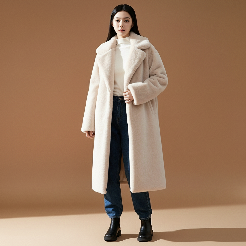 Belted faux fur longline coat in apricot worn by a standing model facing front, showing a plush faux fur texture, wide notched collar, relaxed longline silhouette, full-length sleeves, self-tie belt at the waist, and hem falling below the knee