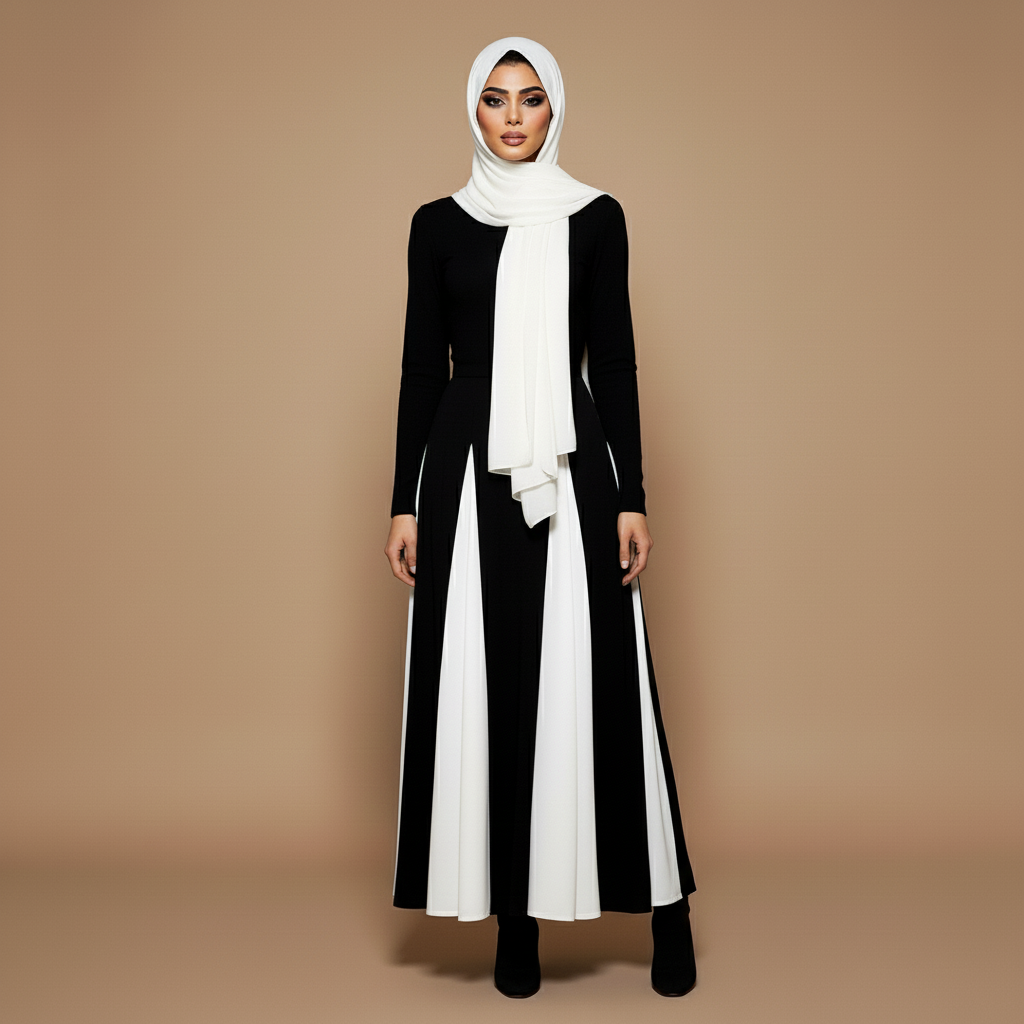 Long sleeve maxi formal dress in black and white worn by a standing hijabi model facing front, showing a high neckline, fitted bodice, full-length sleeves, contrast white panel inserts, flowing A-line skirt, and floor-length hem